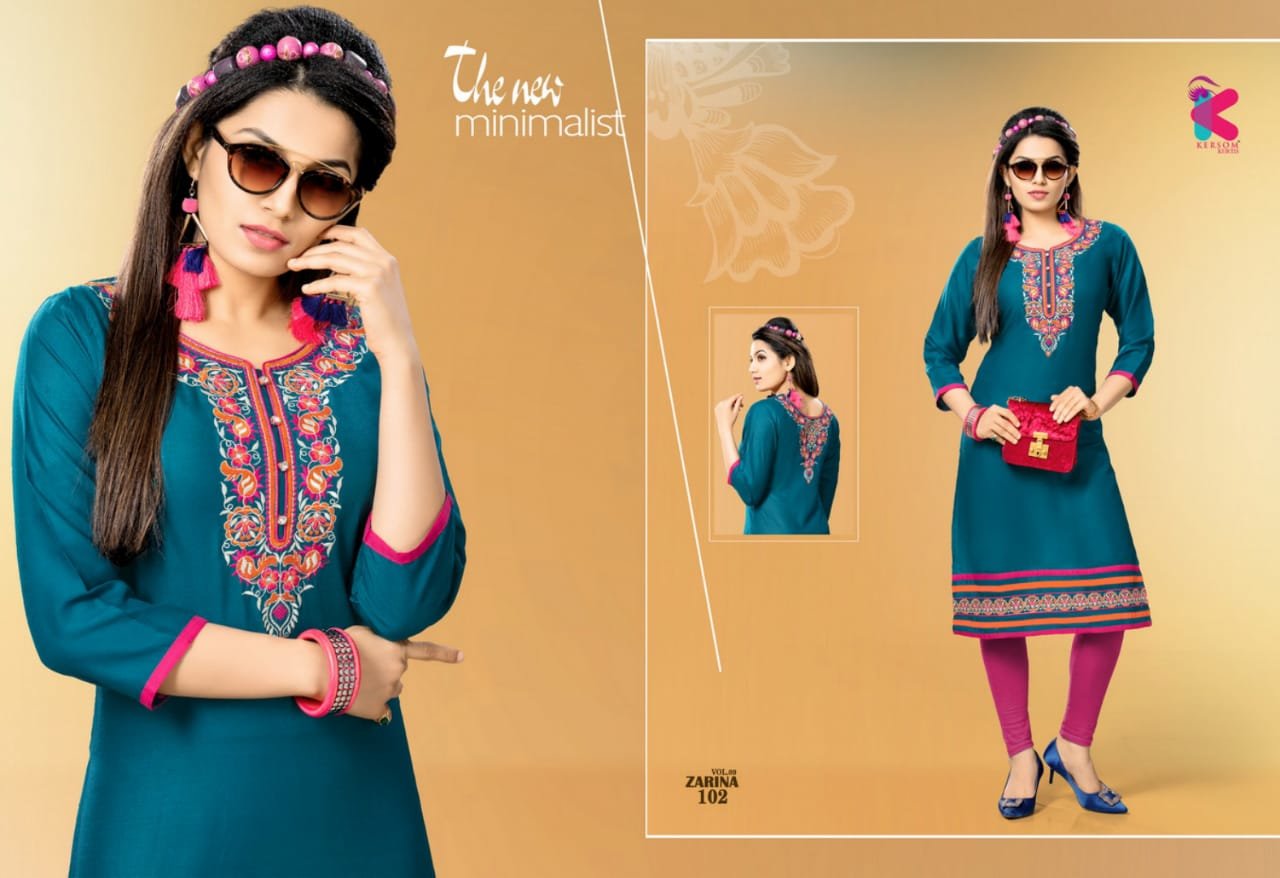 Zarina Vol-9 Embroidered Rayon Kersom Kurtis Zarina Vol-9 Embroidered Rayon Kersom Kurtis